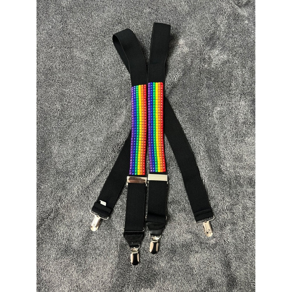 Mens Rainbow Pyramid Studded Suspenders Black Elastic Y-Back Pride Punk Goth - Picture 1 of 4
